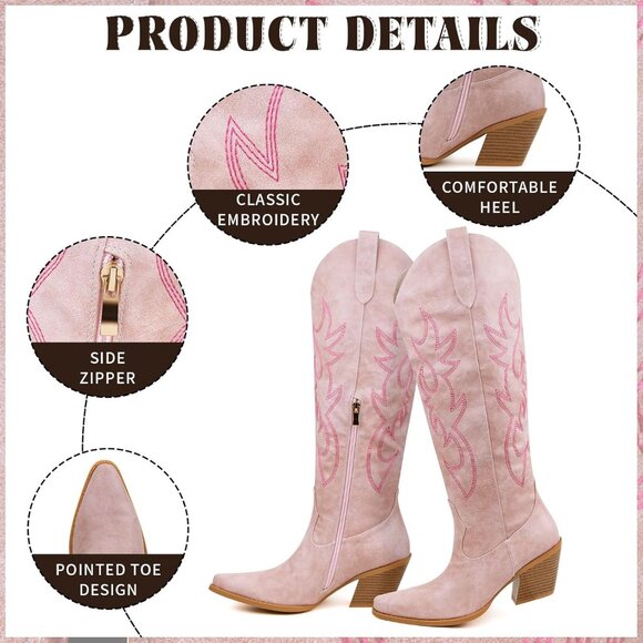 ⚡Women's Pink Knee High Cowgirl Boots with Retro Floral Embroidered Chunky Heel - Picture 3 of 5